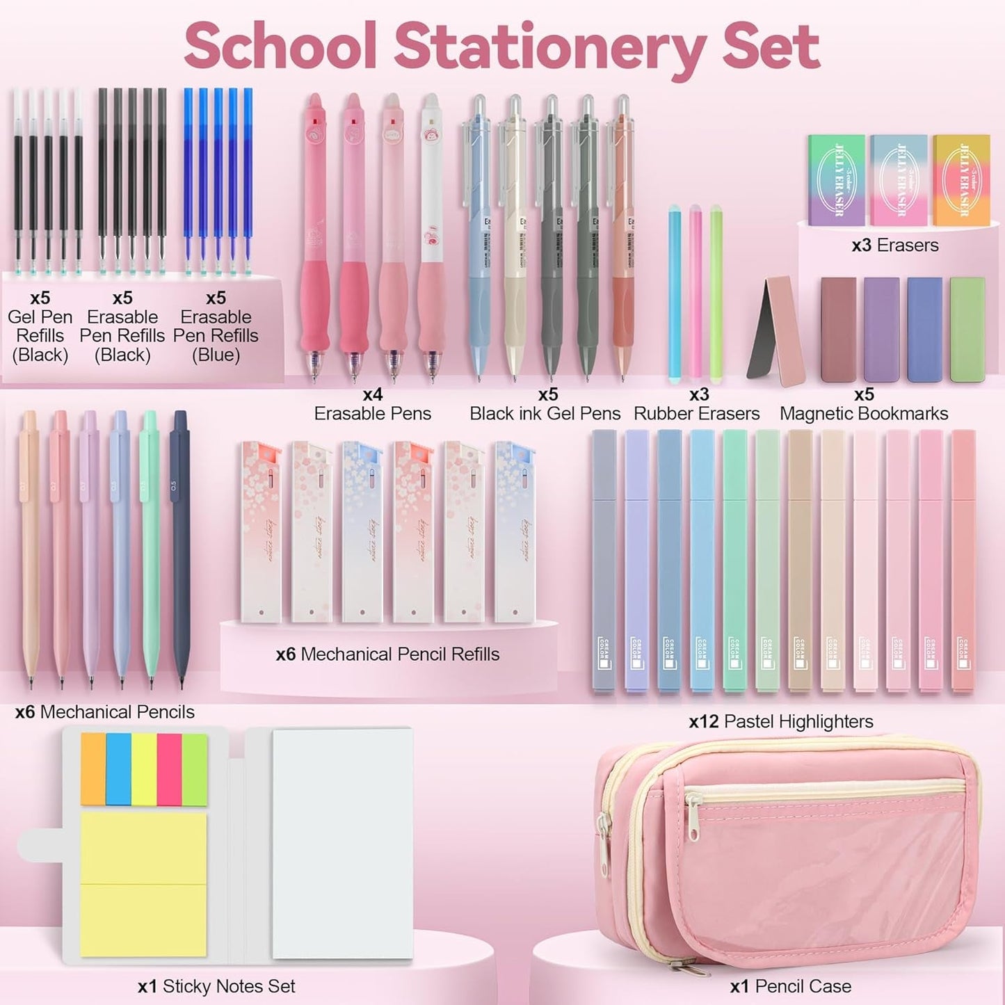 61 PCS Aesthetic School Supplies with Cute Pencil Case, Pastel No Bleed Highlighters, Gel & Erasable Pens, Mechanical Pencils, Refills, Complete Essentials Stationery Kit for Students (Pink)