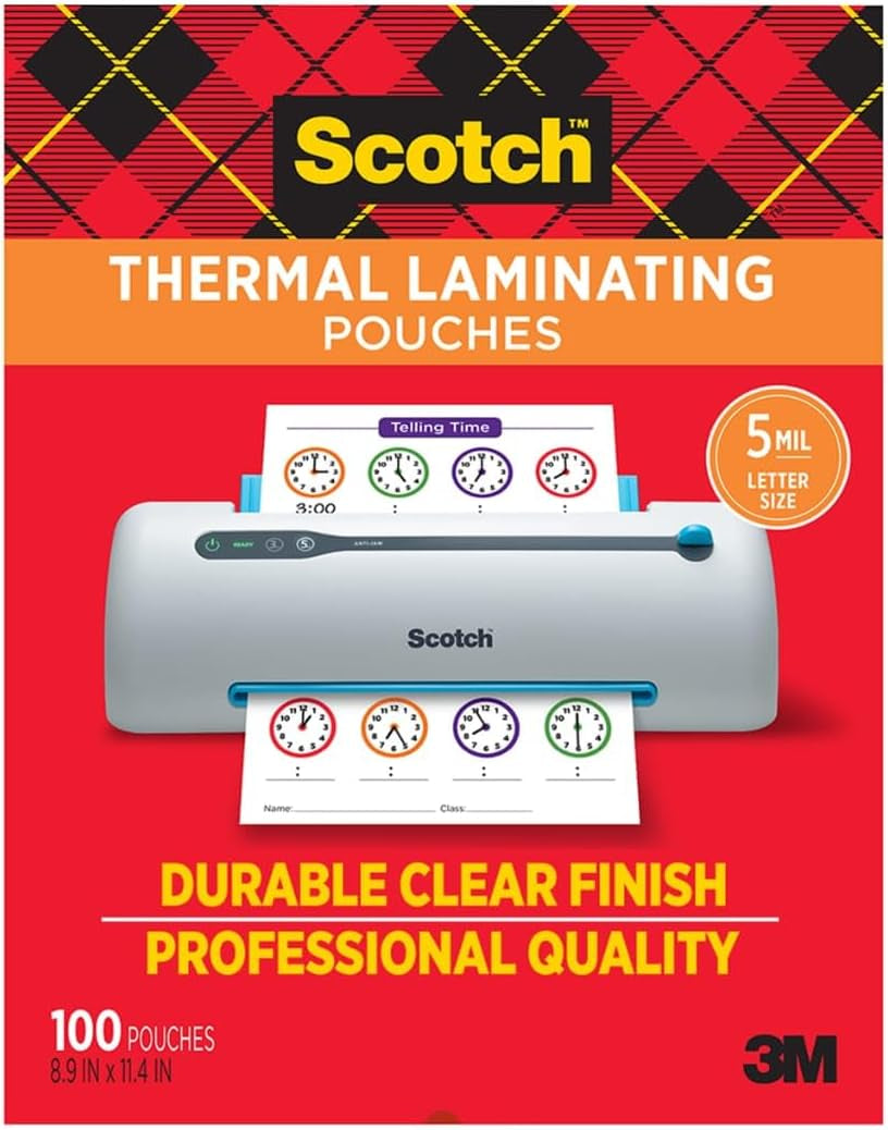 Scotch Thermal Laminating Pouches, 100 Count, Clear, 5 Mil.