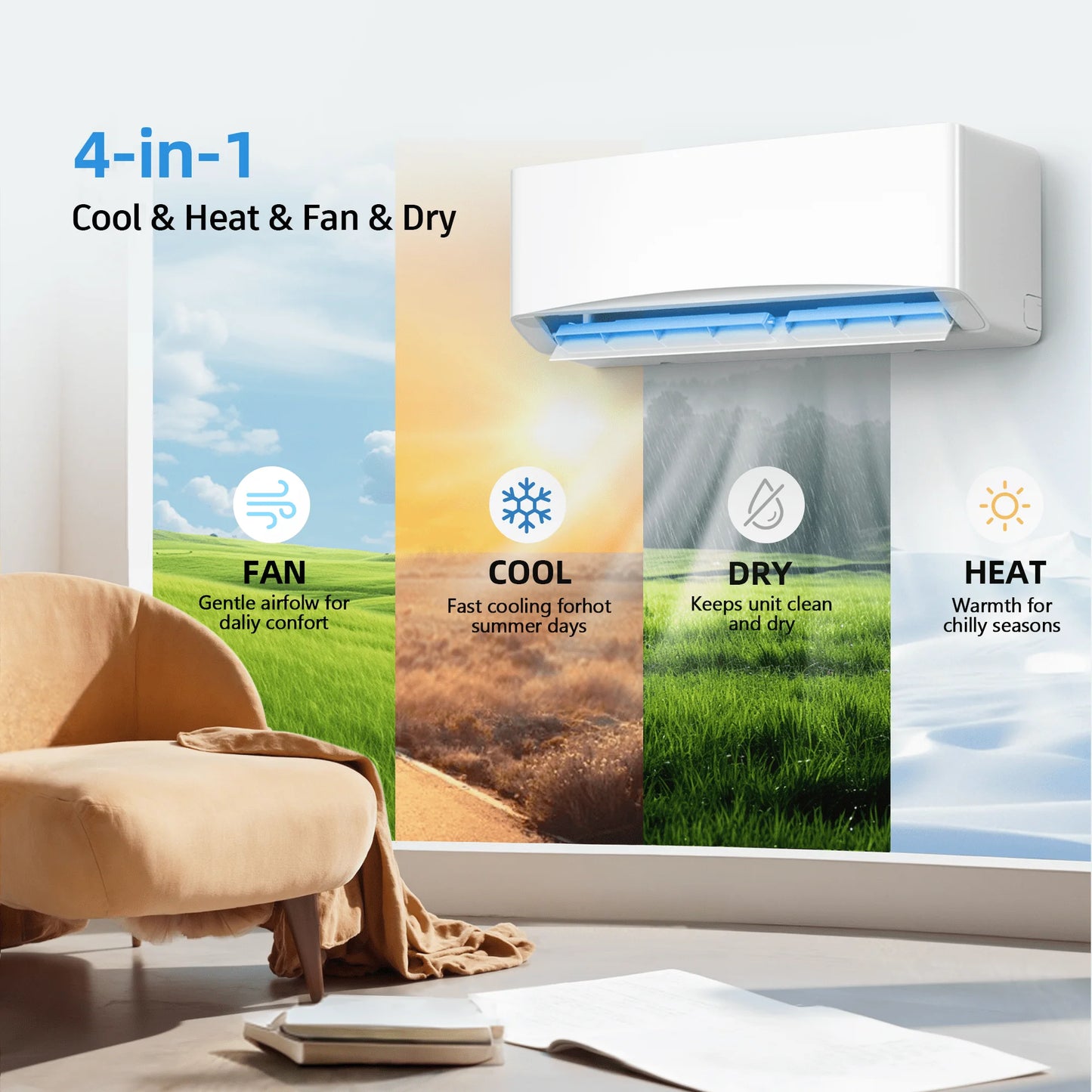 12000 BTU Mini Split Air Conditioner & Heater with Inverter, 17 SEER2 115V Energy Saving AC Unit Cools Rooms up to 750 Sq. Ft, Complete Installation Kit