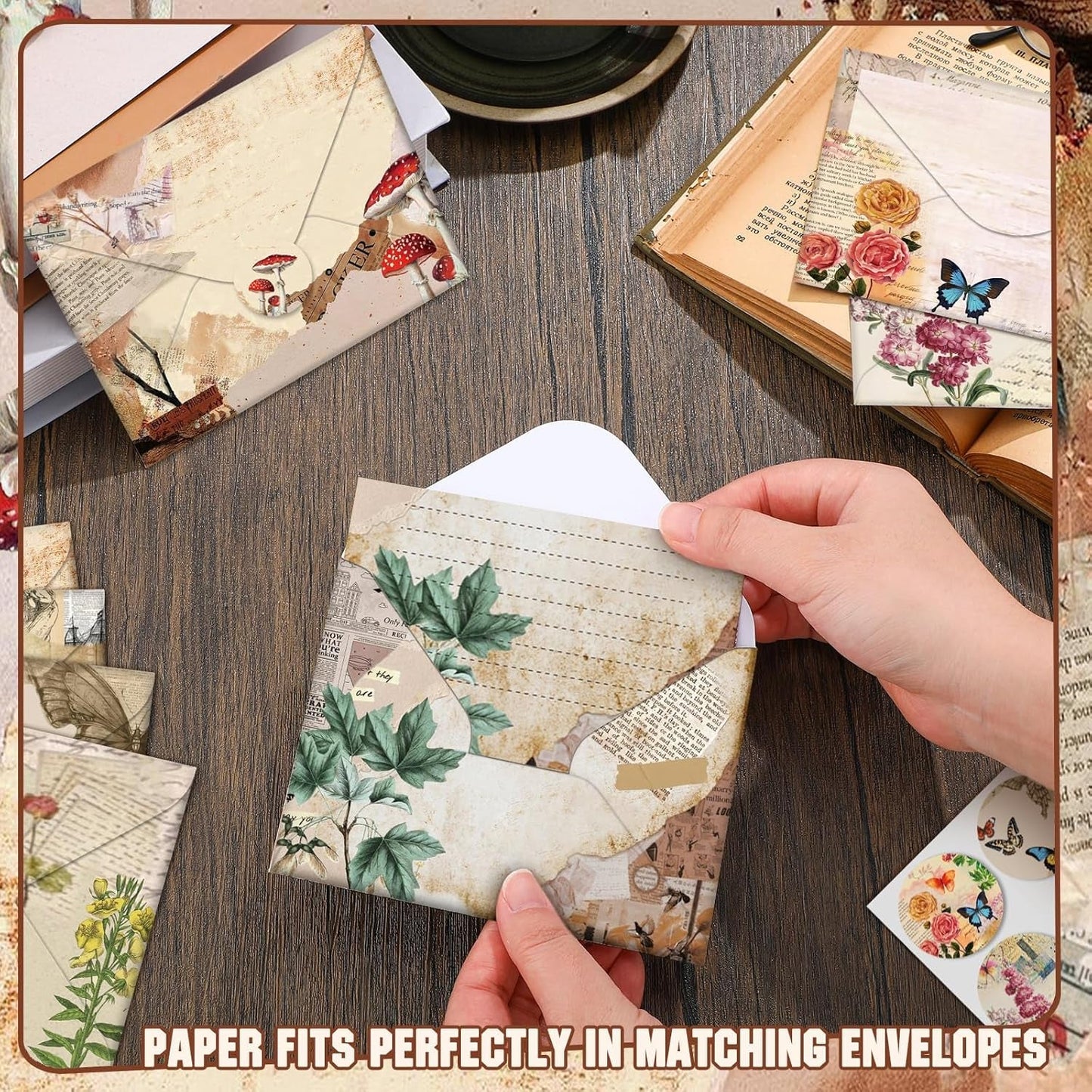 Taobary 160 Pcs Stationery Paper Set 50 Double Sided Stationery Papers with 50 Matching Envelopes and 60 round Dot Sticker, 10 Design(Nature Vintage Style,5.5 X 8.25 Inch)
