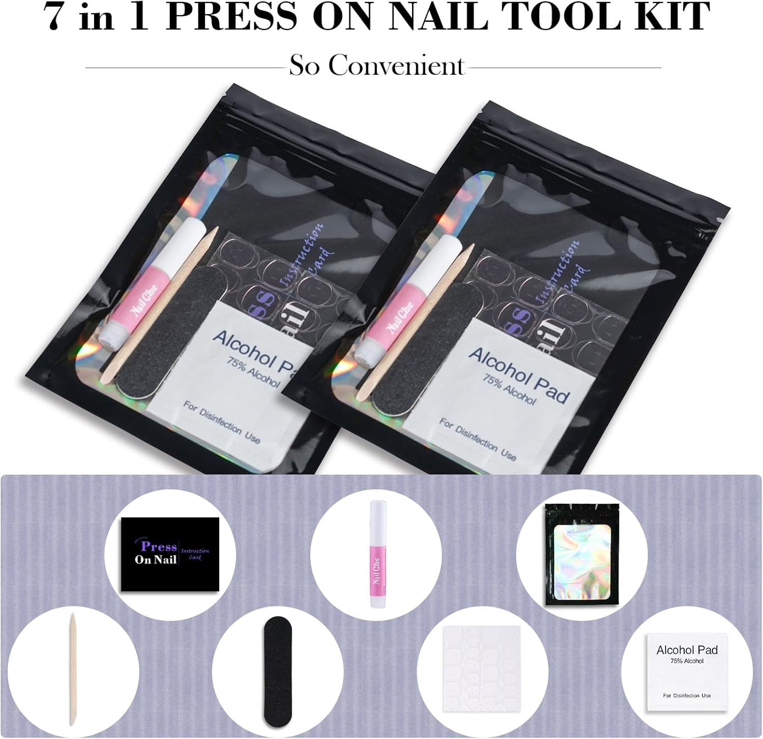 Disposable Nail Supplies Kits,Professional Manicure Press on Nail Tool Kit with Nail File,Adhesive Tabs,Nail Glue,Sticks, Prep Pads,Bags,Cards for Nail Business(Black-140Pcs20Set)