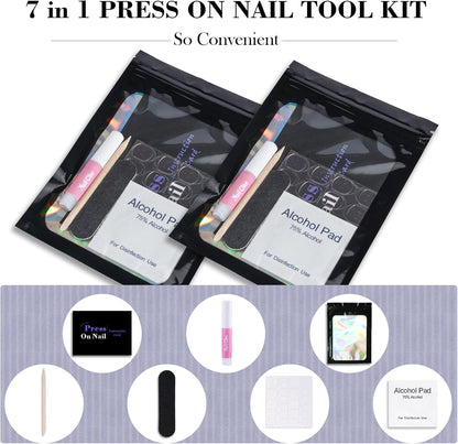 Disposable Nail Supplies Kits,Professional Manicure Press on Nail Tool Kit with Nail File,Adhesive Tabs,Nail Glue,Sticks, Prep Pads,Bags,Cards for Nail Business(Black-140Pcs20Set)