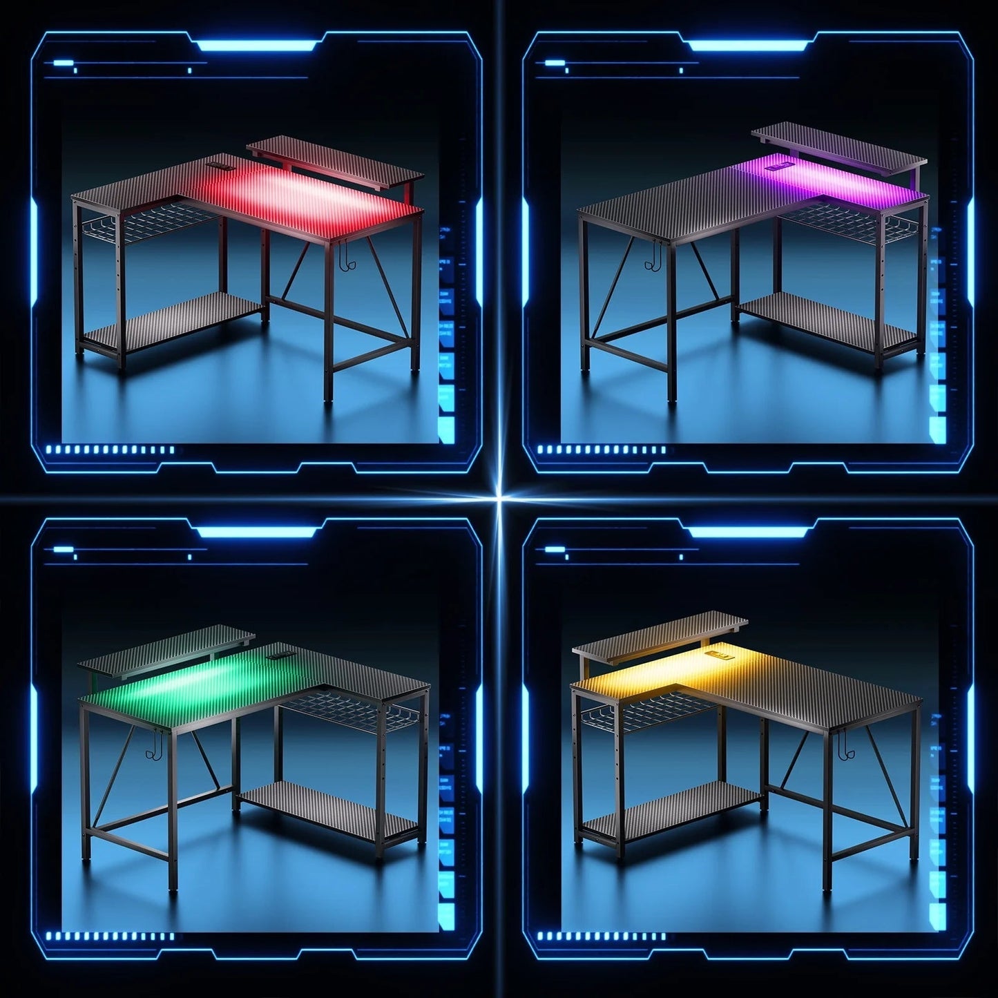 42" Reversible L-Shaped Gaming Desk: Equipped with Power Outlets, LED Lights, Adjustable Shelves & Hooks for Small Spaces ,Bedrooms & Offices, Carbon Fiber Black