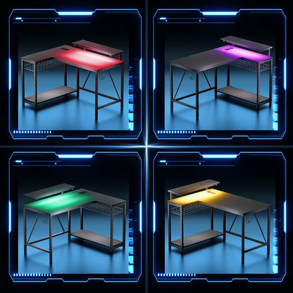 42" Reversible L-Shaped Gaming Desk: Equipped with Power Outlets, LED Lights, Adjustable Shelves & Hooks for Small Spaces ,Bedrooms & Offices, Carbon Fiber Black