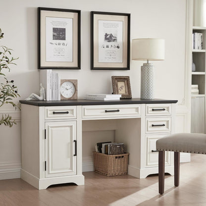 Farmhouse Wood 58" Executive Desk, Home Office 30" High Computer Desk with Drawers and Storage Cabinet, White
