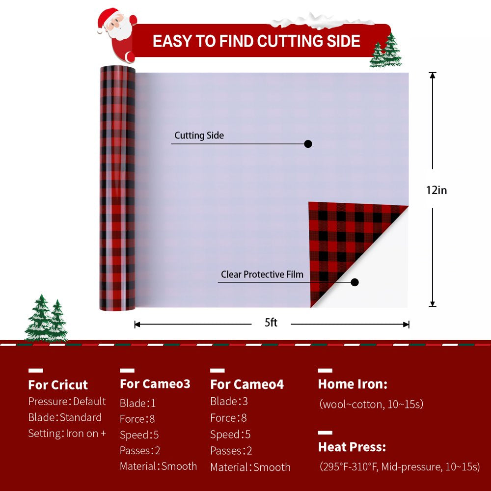 12" X 8 FT Buffalo Plaid Permanent Vinyl, Black Red Plaid Vinyl Roll for Cricut