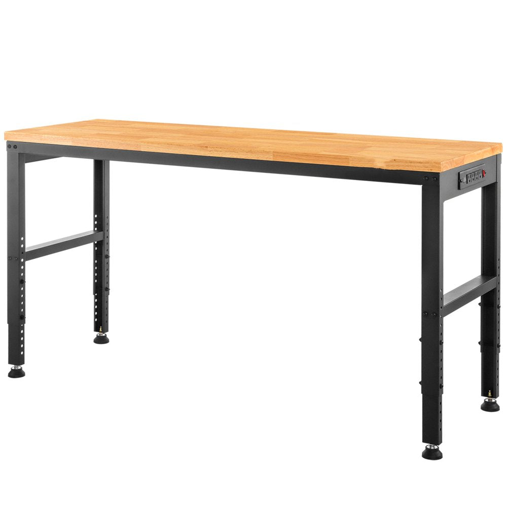 Workbench Adjustable Height, 61"L X 20"W X 36"H Garage Table W/ 27.1" - 36" Heights & 2000 Lbs Load Capacity, with Power Outlets & Hardwood Top & Metal Frame & Foot Pads, for Office Home