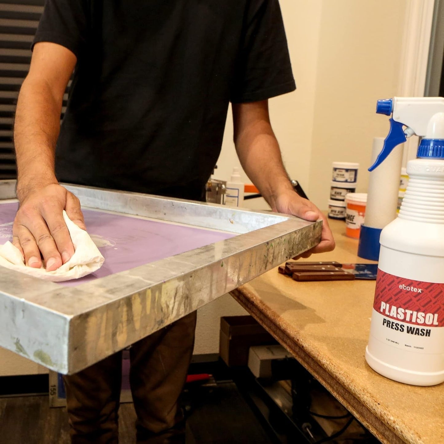 Ecotex® Screen Printing Cleaning Kit - Emulsion Remover - Press Wash Plastisol Ink Cleaner, Hyper Haze Remover and Degreaser, Premium Hand Cleaner and Scrub Pad - Screen Printing Supplies