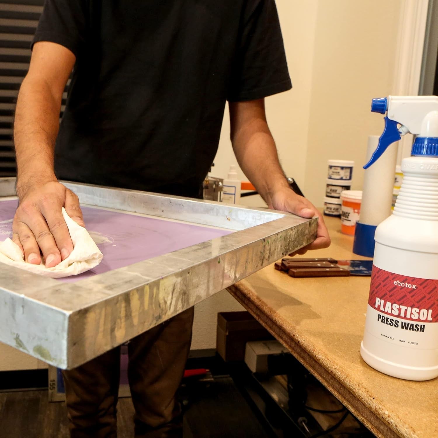Ecotex® Screen Printing Cleaning Kit - Emulsion Remover - Press Wash Plastisol Ink Cleaner, Hyper Haze Remover and Degreaser, Premium Hand Cleaner and Scrub Pad - Screen Printing Supplies