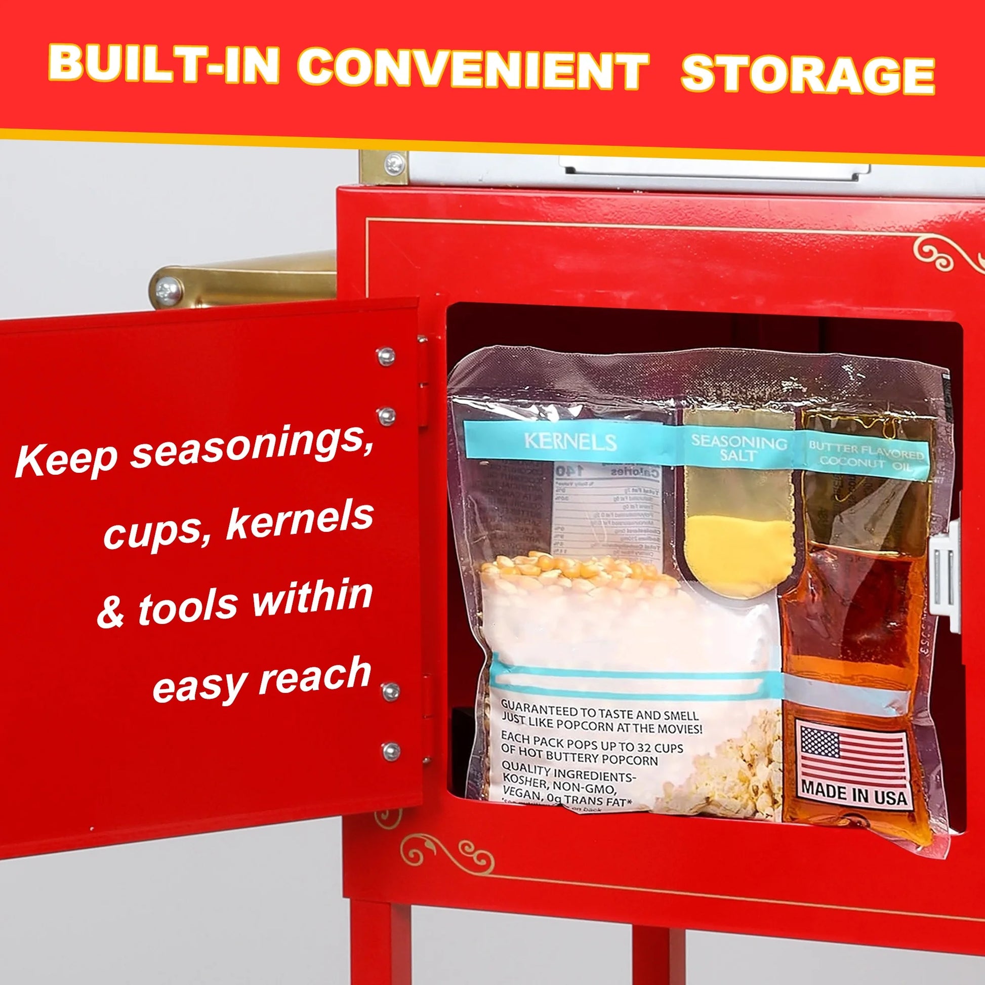 12OZ Popcorn Machine with Cart,  Movie Theater Popcorn Maker Machine with Stainless Steel Kettle, Tempered Glass, 8" Shelf, Popcorn Machine for Kids Party Home, Red