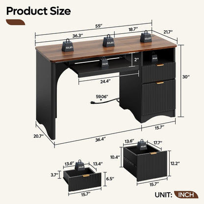 55" Computer Writing PC Desk Home Office with Power Outlets Keyboard Tray and Storage Drawers, Black