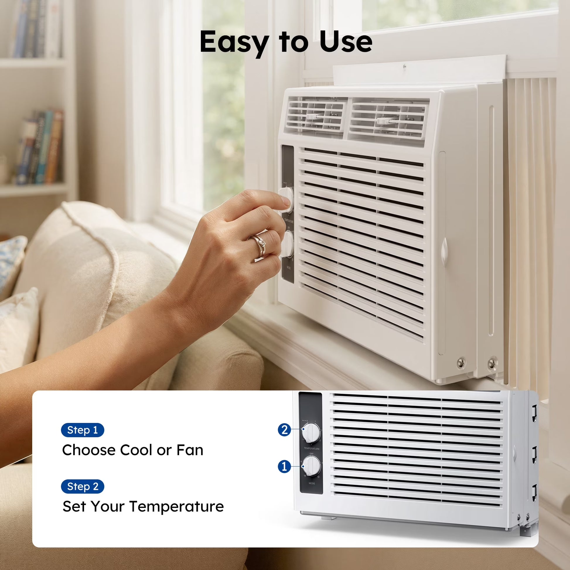 5,000 BTU Window Air Conditioner, Cools up to 150 Sq Ft, Knob,2 Cooling Modes,Without Remote Control, White