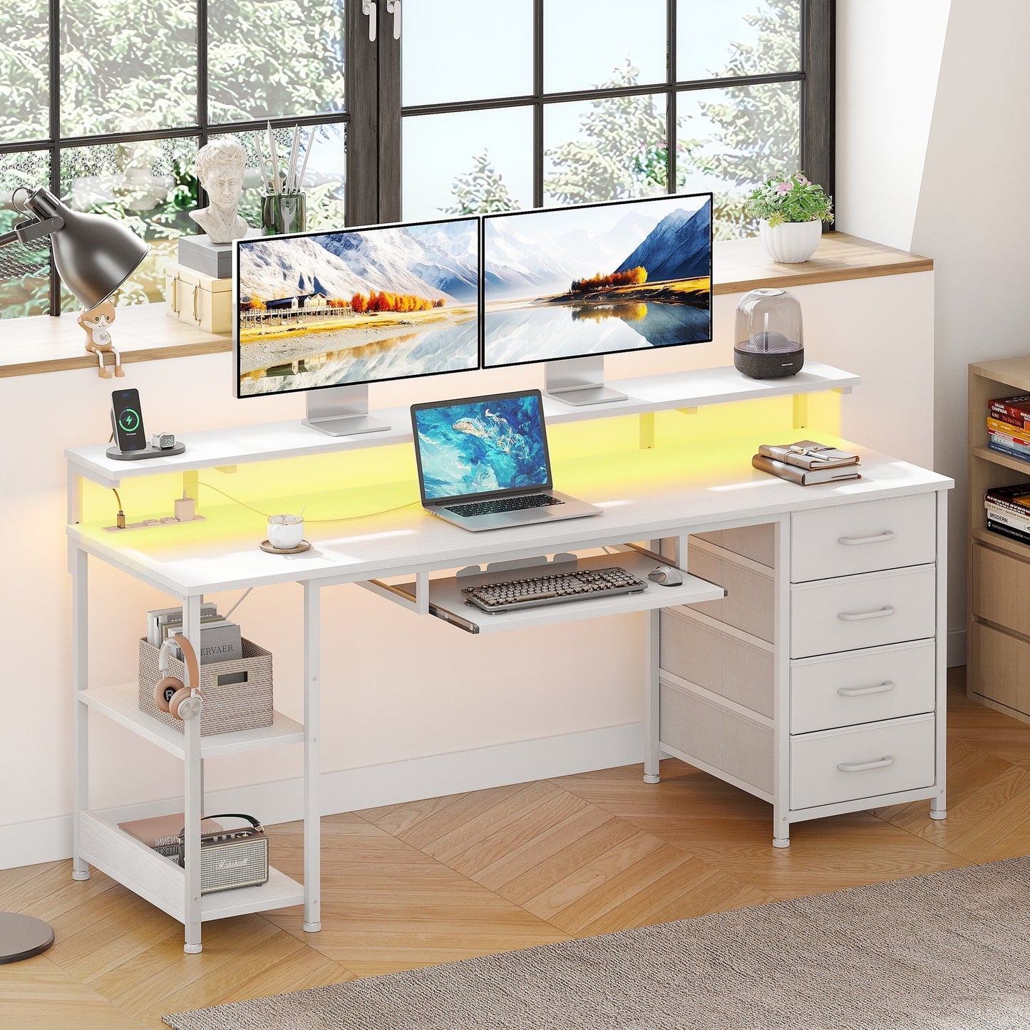 63 Inch Office Desk with Power Outlet and Adjustable Monitor Stand, Computer Desk with Fabric Drawer and Keyboard Tray, Gaming Desk with LED Light & PC Stand, Table for Bedroom with USB Ports, White
