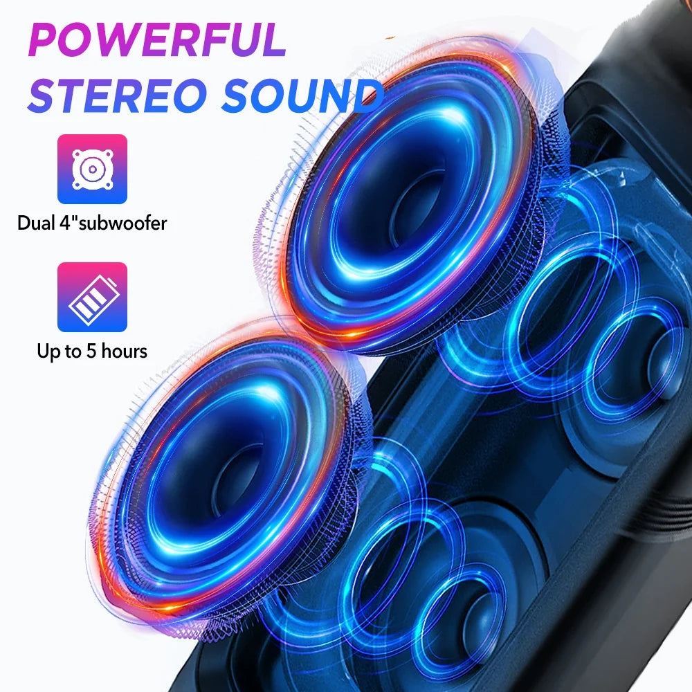 Portable Dual 4'' Speakers Bluetooth Speaker, Party Stereo Subwoofer RGB Lights Karaoke Heavy Bass with Mic (Optional),Support TWS/AUX/USB/TF Card Ideal for Party,Home,Camping