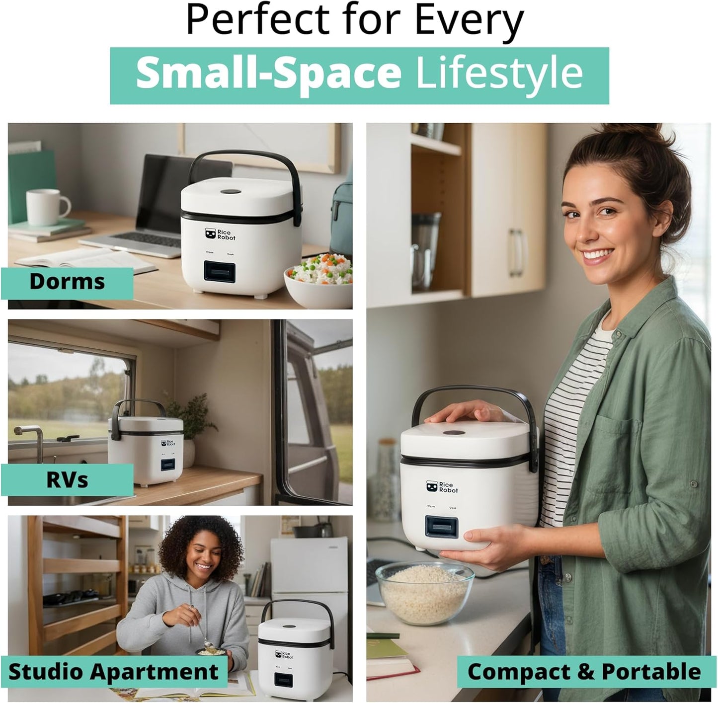 Rice Robot Personal Rice Cooker, Pfas-Free, Nonstick. 1 Quart Capacity, with Stainless Steel Steamer Tray, Measuring Cups, Recipe Book with 60 Recipes, and Serving Spoon, as Seen on TV