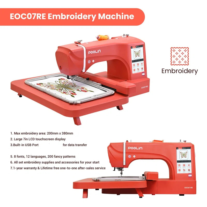 Poolin EOC07-RE Computerized Embroidery Machine 7.8In*14.9In Max Embroidery Area with 4 Hoops, 7 Inch LCD Touchscreen, 8 Fonts,12 Languages,200 Fancy Patterns, USB & Wireless, Software