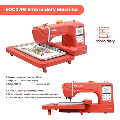 Poolin EOC07-RE Computerized Embroidery Machine 7.8In*14.9In Max Embroidery Area with 4 Hoops, 7 Inch LCD Touchscreen, 8 Fonts,12 Languages,200 Fancy Patterns, USB & Wireless, Software