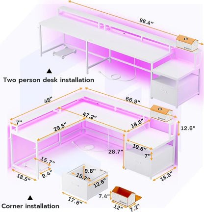 L Shaped Desk with LED Lights, Corner Computer Desk with File Drawer and Power Outlet, Gaming Desk for Home Office, White