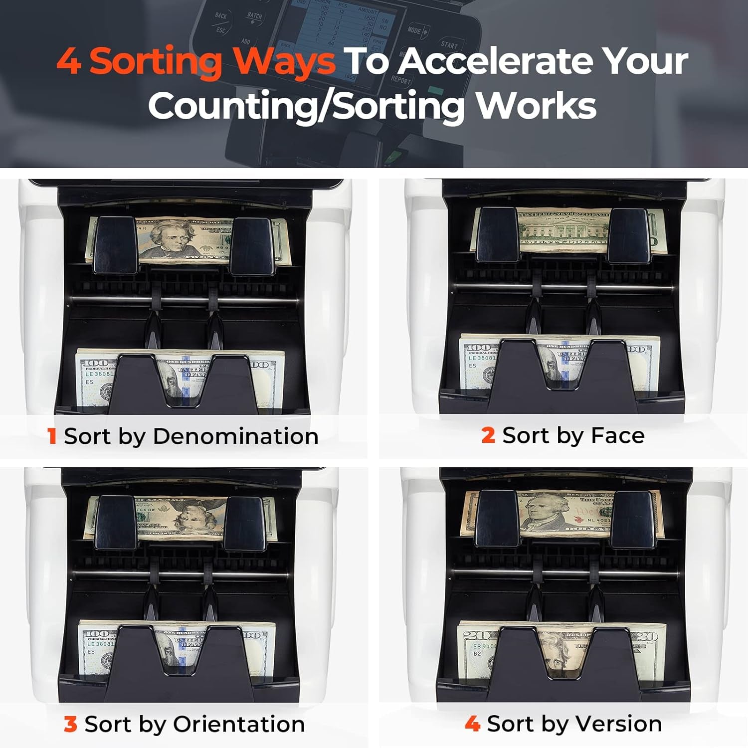 MUNBYN IMC40 2-Pocket Money Counter Machine Mixed Denomination and Sorter, Built-In Printer, Sort on DENOM/FACE/ORI, Value Counting, Counterfeit Detection 2 CIS/UV/MG/IR, Touch Screen, 2Y Protection