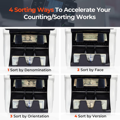 MUNBYN IMC40 2-Pocket Money Counter Machine Mixed Denomination and Sorter, Built-In Printer, Sort on DENOM/FACE/ORI, Value Counting, Counterfeit Detection 2 CIS/UV/MG/IR, Touch Screen, 2Y Protection