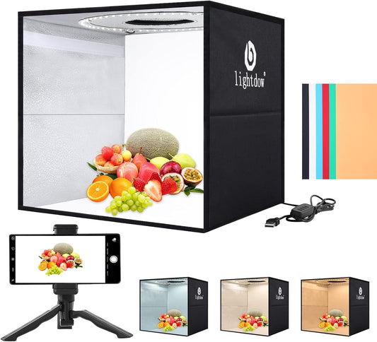 Lightdow 12"X12"X12" Photo Studio Light Box Photography with Desktop Tripod & 120 Leds (CRI>95), 6 Backdrops - Portable/Dimmable Folding Shooting Tents for Toys/Jewelry/Watches/Cosmetics