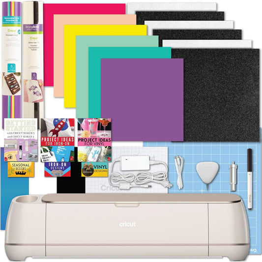 Cricut Maker 4 Machine with Vinyl and Iron-On Bundle - Beginner Friendly Craft Cutting Machine Set with Essential Materials, HTV and Adhesive Vinyl Variety Pack- DIY Decor Projects, Apparel and Decals