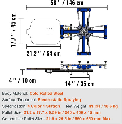 Screen Printing Machine, 4 Color 1 Station 360° Rotable Silk Screen Printing Press, 21.2X17.7In / 54X45Cm Screen Printing Press, Double-Layer Positioning Pallet for T-Shirt DIY Printing