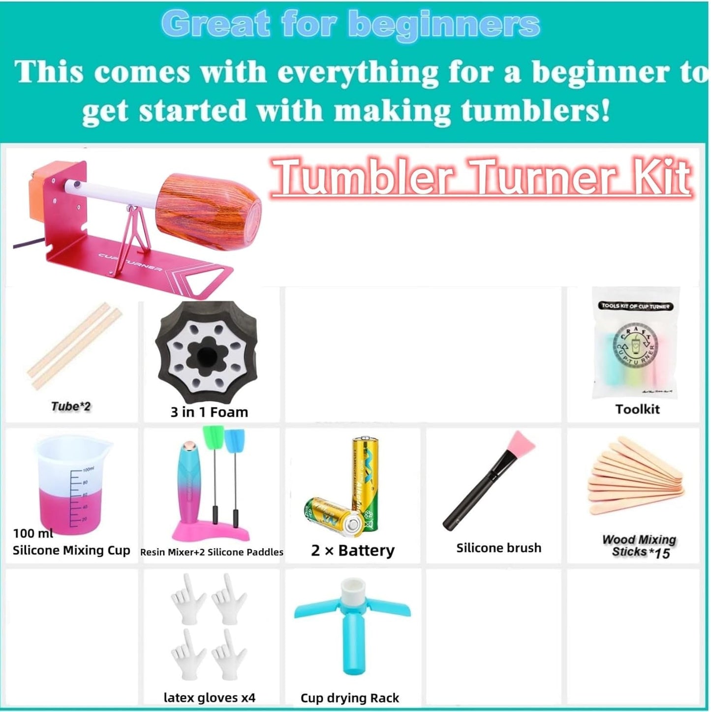HXH Cup Turner for Crafts Tumbler,Electric Resin Mixer,Tumbler Cup Spinner,Glitter Powder,Epoxy Resin Kit for Tumblers for Beginners with Foam