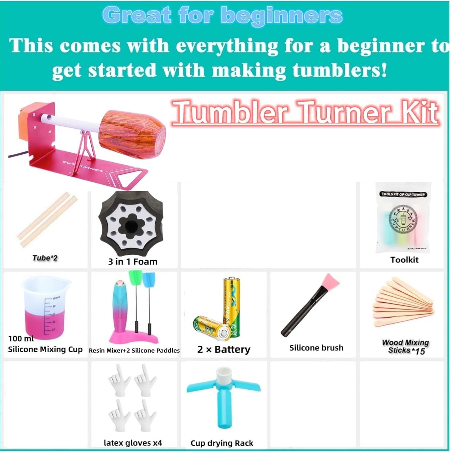 HXH Cup Turner for Crafts Tumbler,Electric Resin Mixer,Tumbler Cup Spinner,Glitter Powder,Epoxy Resin Kit for Tumblers for Beginners with Foam