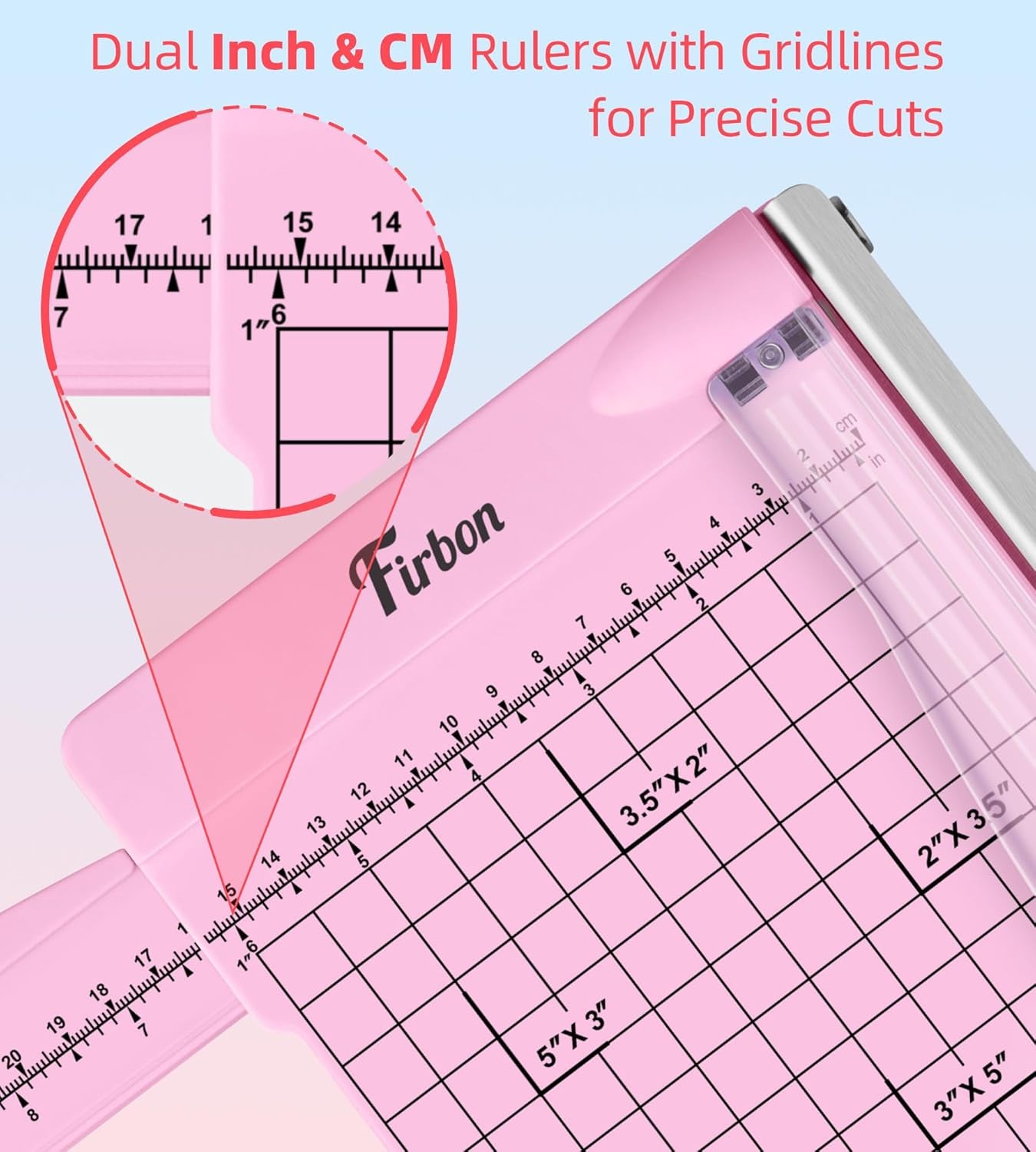 Firbon 12" Guillotine Paper Cutter with Hidden Ruler, Compact Paper Trimmer | 12-Sheet Capacity | Pink | Dual Scales | Paper, Cardstock & Photo Trimming | Scrapbooking Crafts | Office, Home & Studio Use