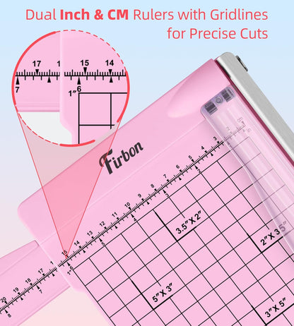 Firbon 12" Guillotine Paper Cutter with Hidden Ruler, Compact Paper Trimmer | 12-Sheet Capacity | Pink | Dual Scales | Paper, Cardstock & Photo Trimming | Scrapbooking Crafts | Office, Home & Studio Use