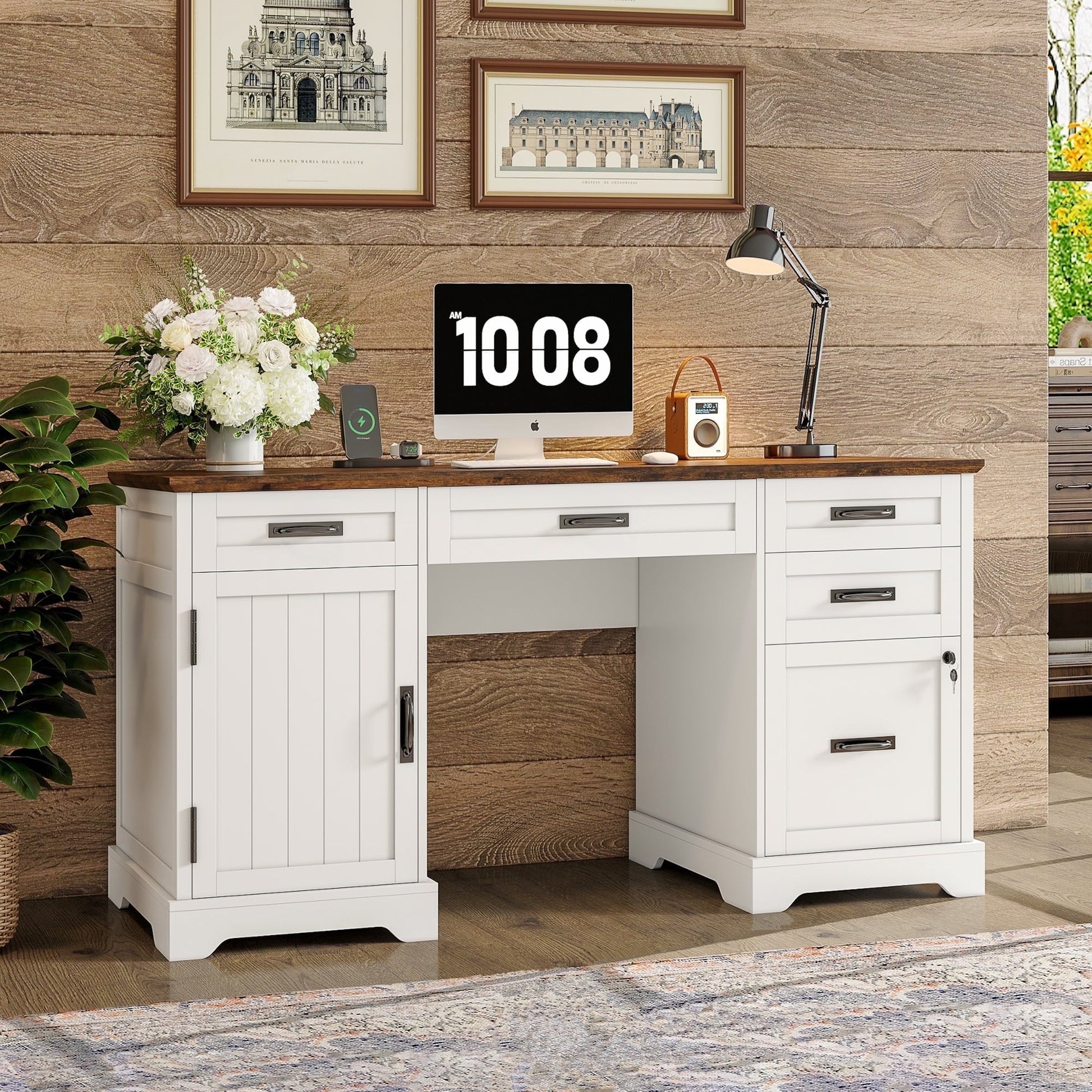 Executive Desk with File Drawers, 55'' Farmhouse Desk Modern for Adult Home Office, White