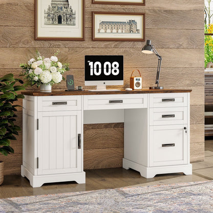 Executive Desk with File Drawers, 55'' Farmhouse Desk Modern for Adult Home Office, White