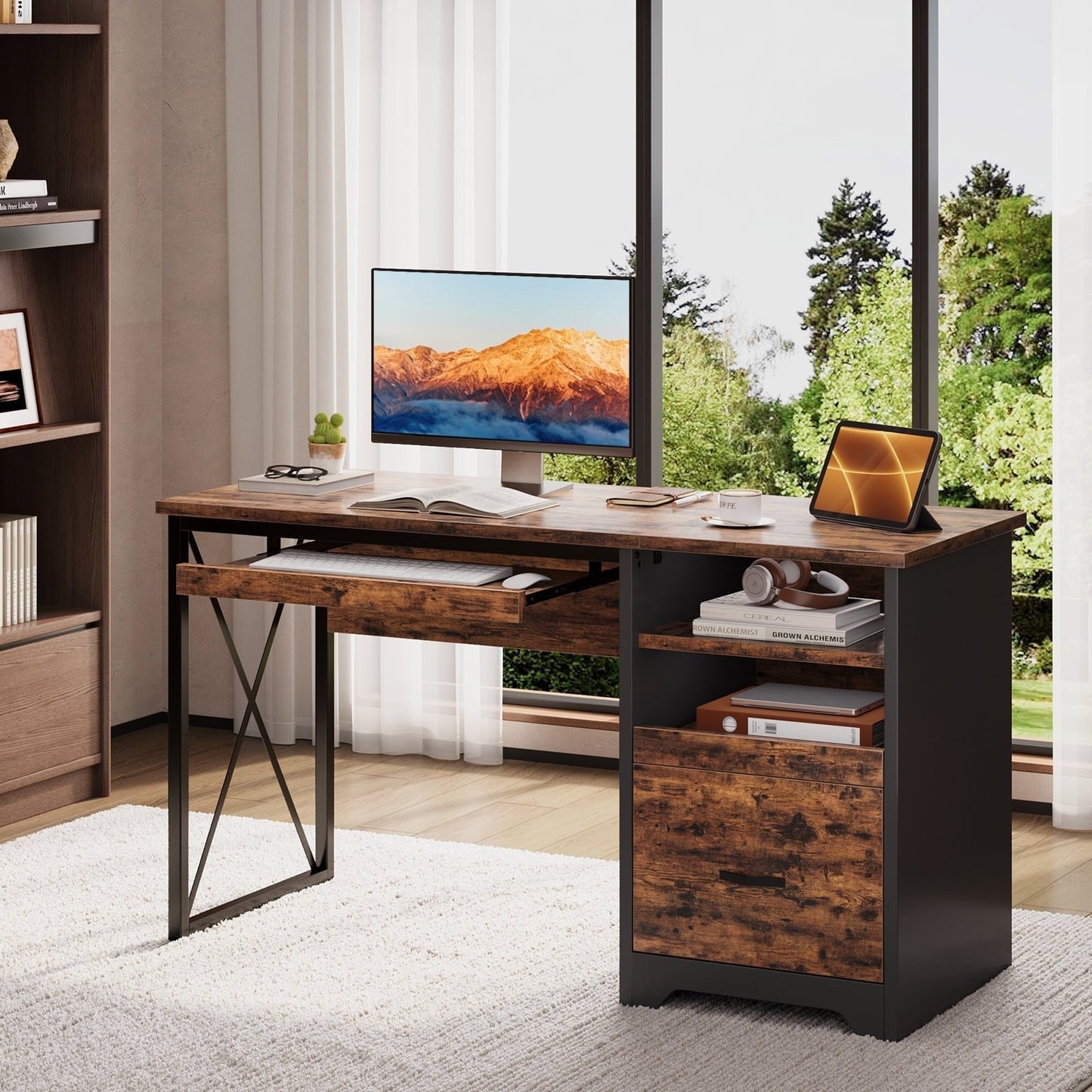 47 Inch Computer Desk with Storage File Drawer & Keyboard Tray, Home Office Writing Desk Work Study Table for Small Space, Rustic Brown