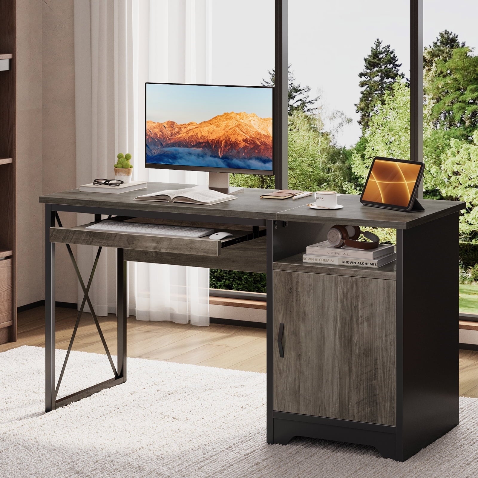 Home Office Desk 47" Computer Desk Small PC Table with Keyboard Tray and Storage Cabinet,Wash Gray