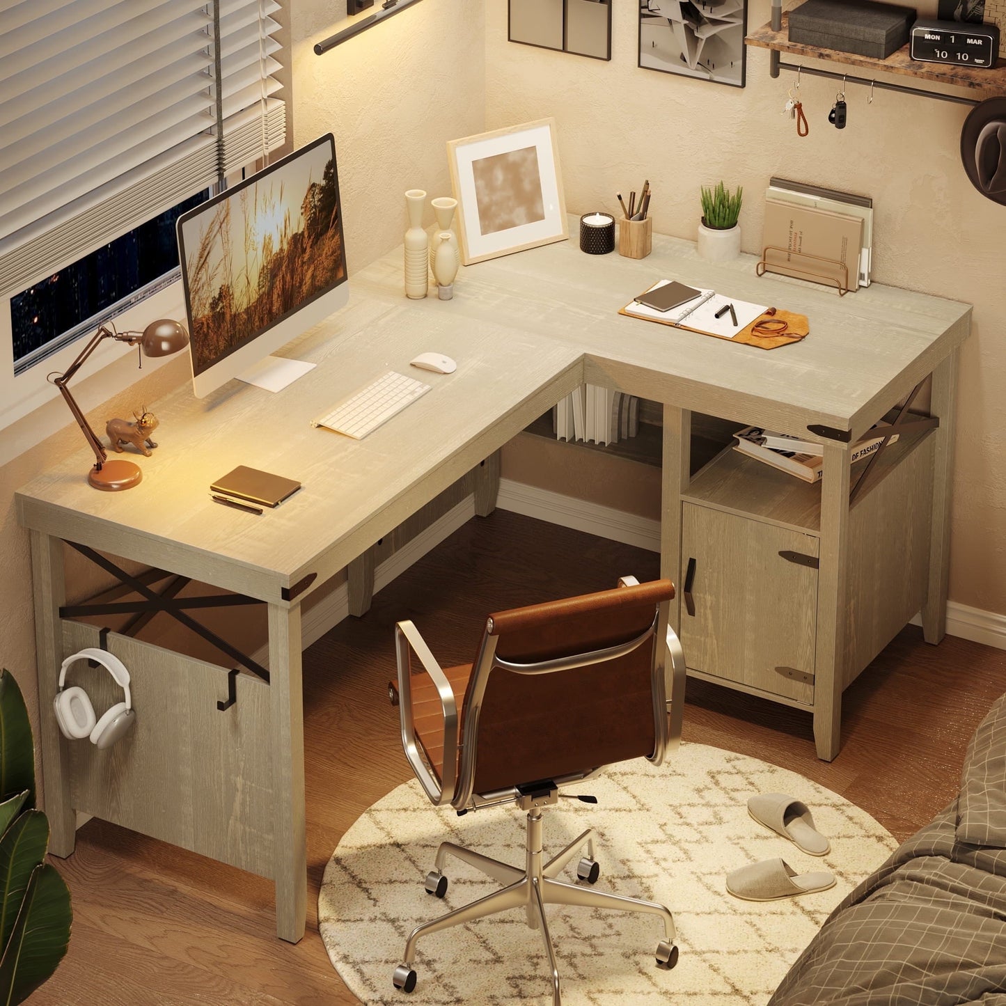 Farmhouse Desk 60" L-Shaped Computer Desk with Cabinet for Home Office , Wash White