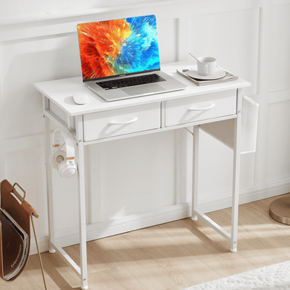 32 Inch Small Desk with Fabric Drawers & Storage Bag Iron Hook, Computer Desk,White Vanity Desk with Storage for Bedroom, White