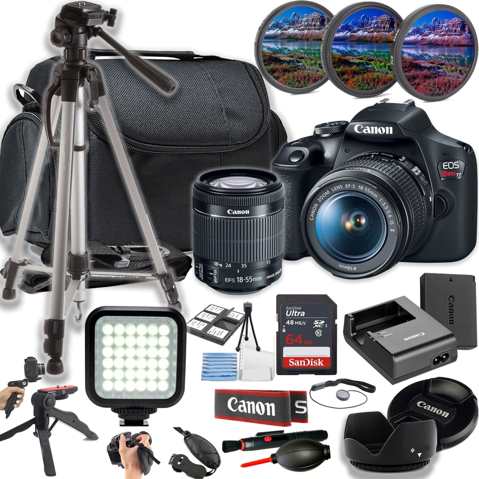 Canon EOS Rebel T7 / EOS 2000D 24MP DSLR Camera W/Ef-S 18-55Mm F/3.5-5.6 Is II Lens + LED Light + 64GB Memory + Filters + Case + Tripod + Grips + Hood, and More (24Pc Bundle) (International Version)