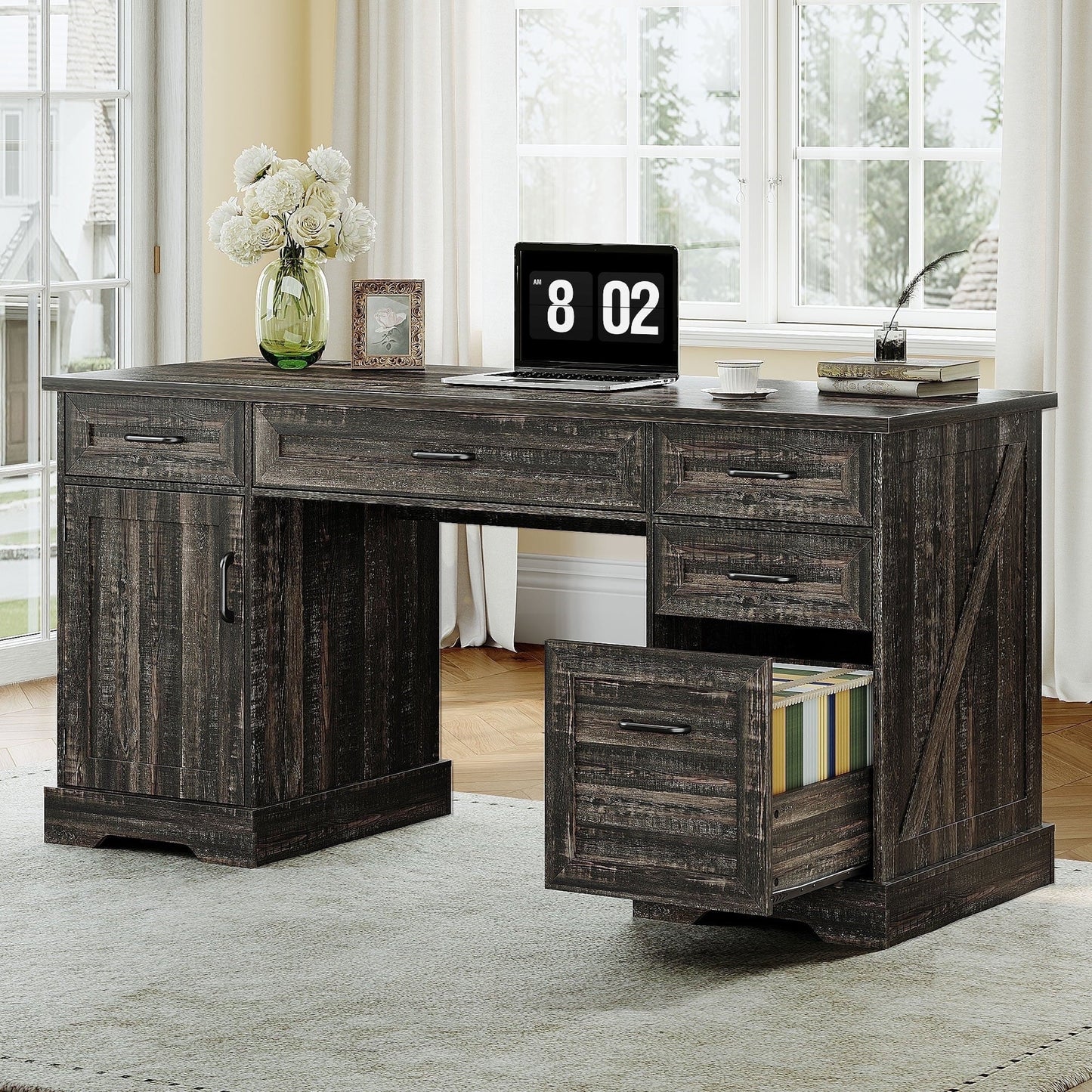 Home Office Desk with File Cabinet and Drawers, 59" Executive Desk with USB Power Outlet, Storage Cabinet for CPU, Workstation Table for Study, Dark Oak
