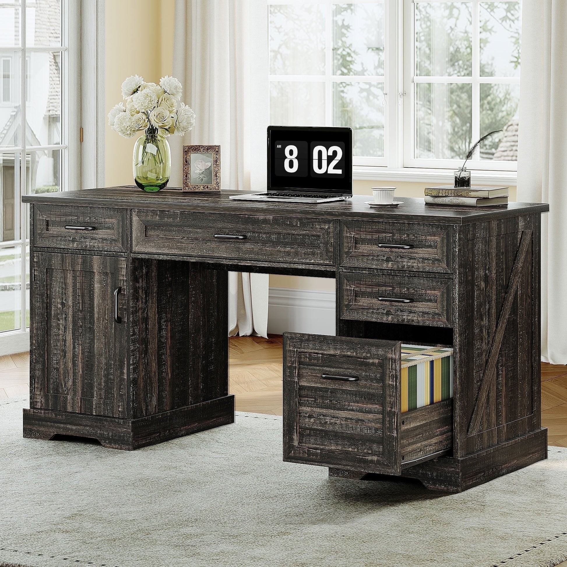Home Office Desk with File Cabinet and Drawers, 59" Executive Desk with USB Power Outlet, Storage Cabinet for CPU, Workstation Table for Study, Dark Oak