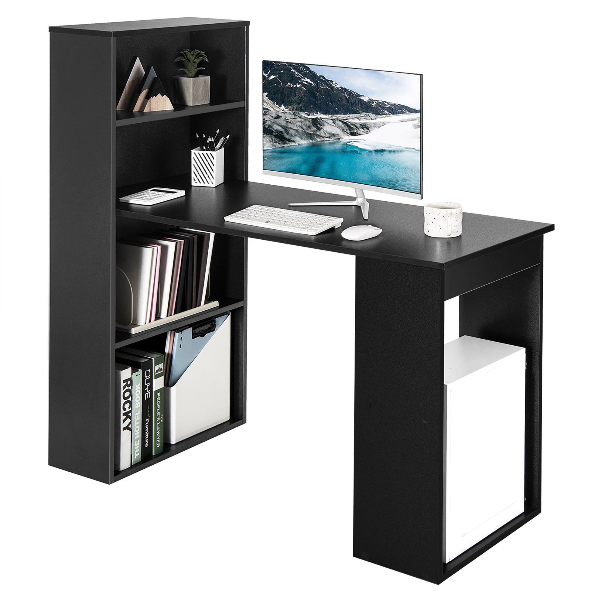 Computer Desk Writing Workstation Office W/6-Tier Storage Shelves Black