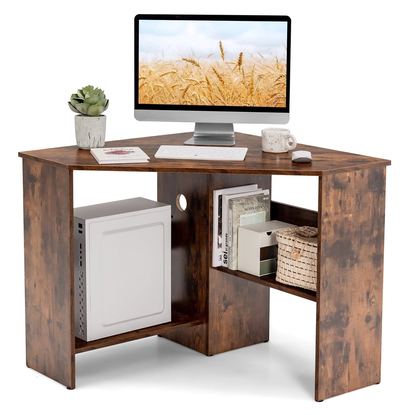 Corner Computer Desk Triangle Writing Workstation W/Storage Shelf Rustic