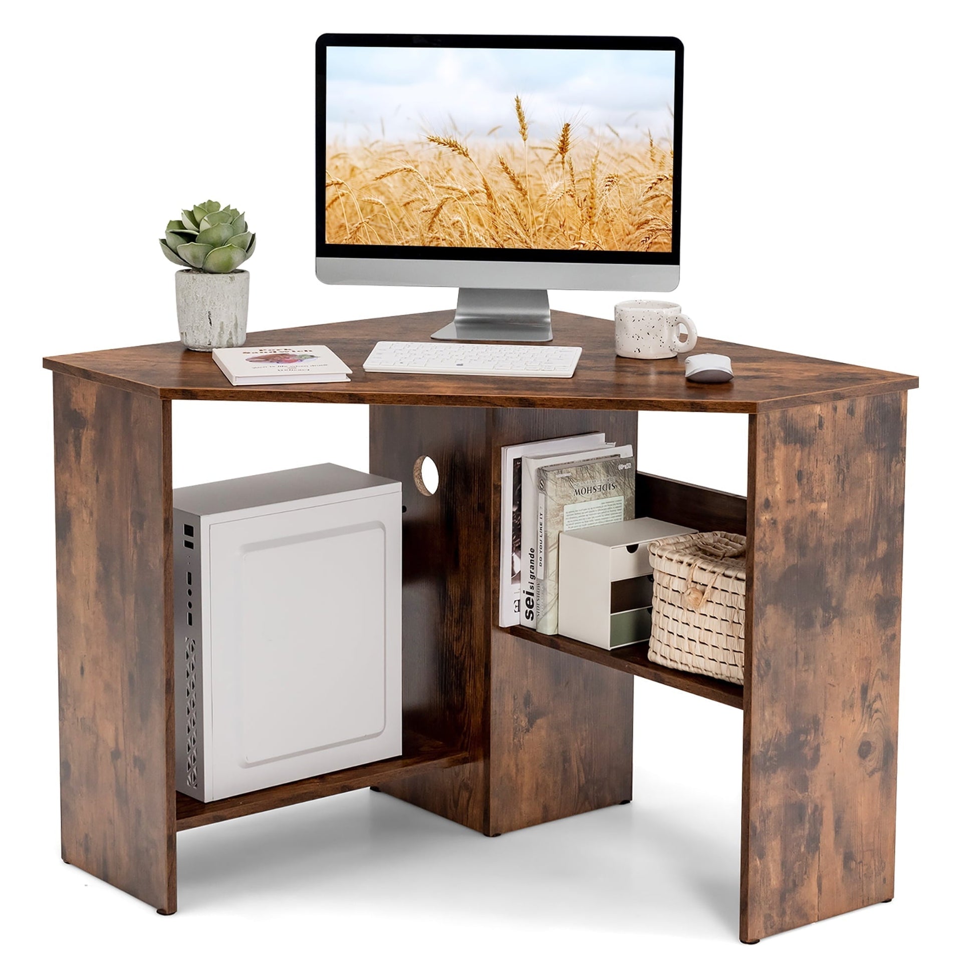 Corner Computer Desk Triangle Writing Workstation W/Storage Shelf Rustic