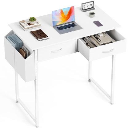 Small Desk with 2 Drawers 32 Inch Bedroom Kids Student Vanity Home Office Computer PC Table with Fabric Storage Bag, Study Writing Wood Deskboard for Small Spaces,White