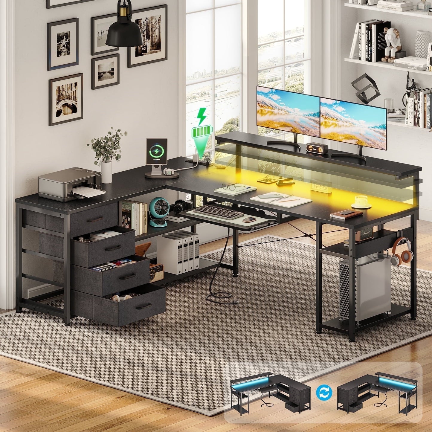 61 Inch L Shaped Gaming Desk with 4 Drawers & Power Outlets, Home Office Desk with Adjustable Heights Monitor Stand & Keyboard Tray, Computer Desk with LED Light, Pure Black