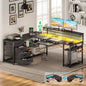 61 Inch L Shaped Gaming Desk with 4 Drawers & Power Outlets, Home Office Desk with Adjustable Heights Monitor Stand & Keyboard Tray, Computer Desk with LED Light, Pure Black
