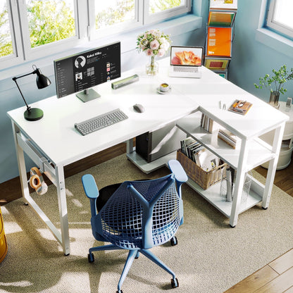 40 Inch L Shaped Computer Desk with 3 Storage Shelves, Small Reversible Corner Desk for Small Space with Hock, Home Office L-Shaped Desk, White