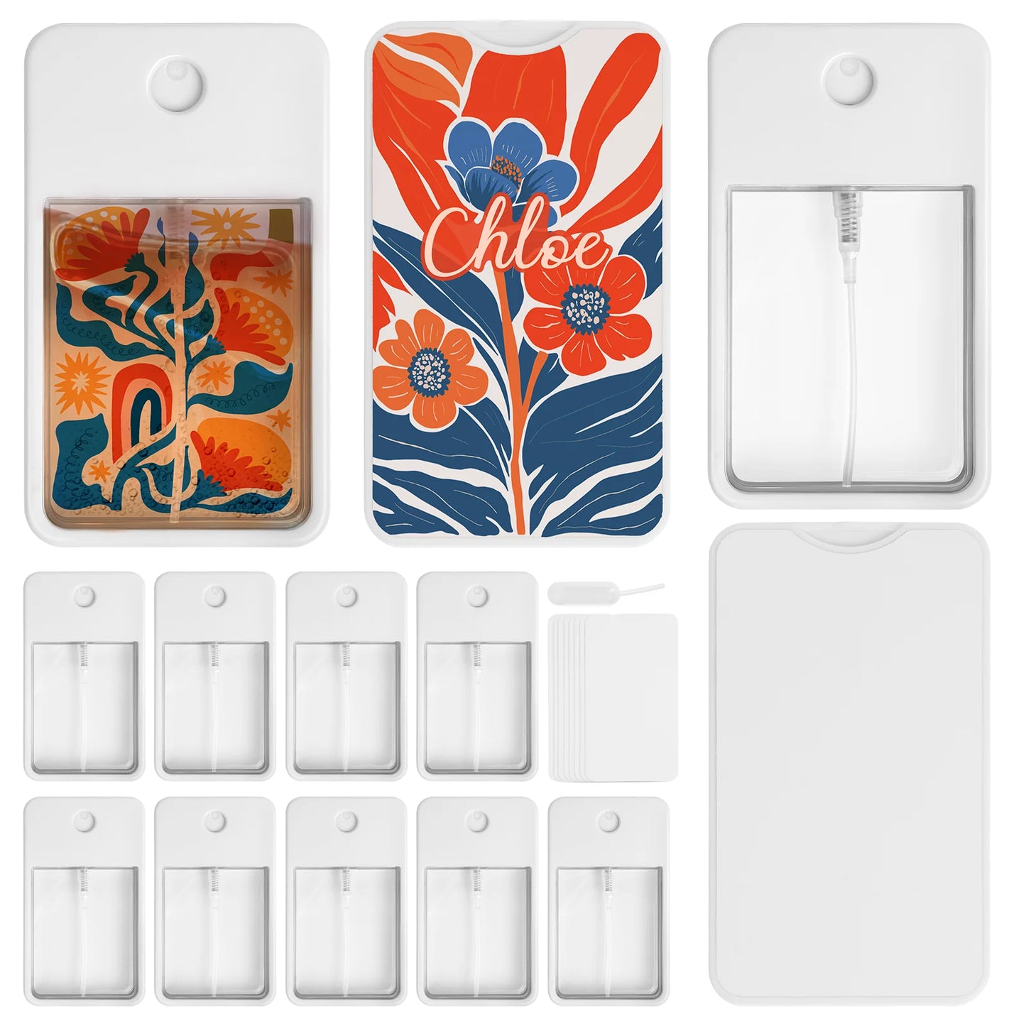 PYD Life Sublimation Blanks Card Perfume Spray Bottle 1FL. OZ 30 ml , Portable Refillable Travel Mist Sprayer with 16 PCS Double-Sided Sublimation Aluminum Sheets for Custom Design(2 options) 12 Pack & 96 Pack & 192 Pack