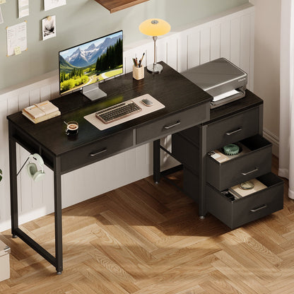 Computer Desk with 5 Drawers, Reversible Home Office Desks with Printer Stand, Study Writing Table Workstation for Small Spaces, Black