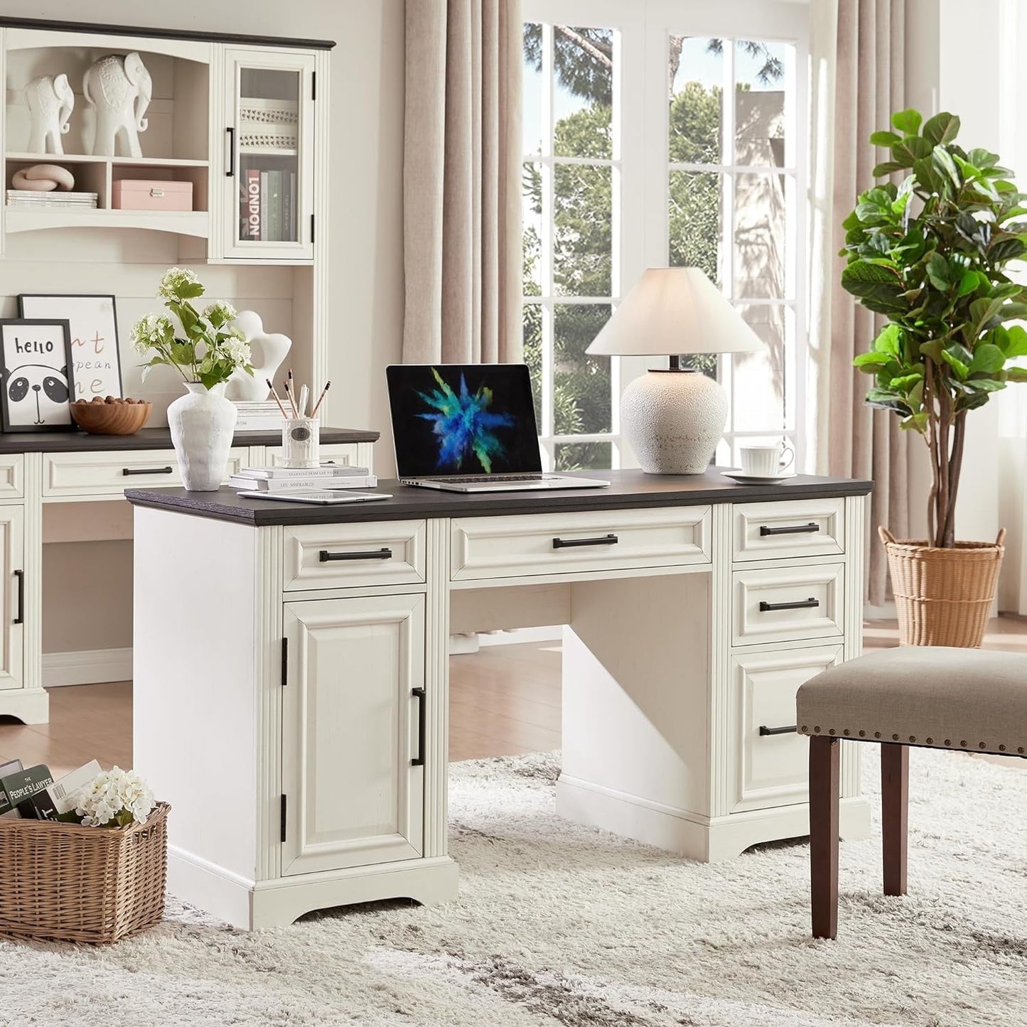 Farmhouse Wood 58" Executive Desk, Home Office 30" High Computer Desk with Drawers and Storage Cabinet, White